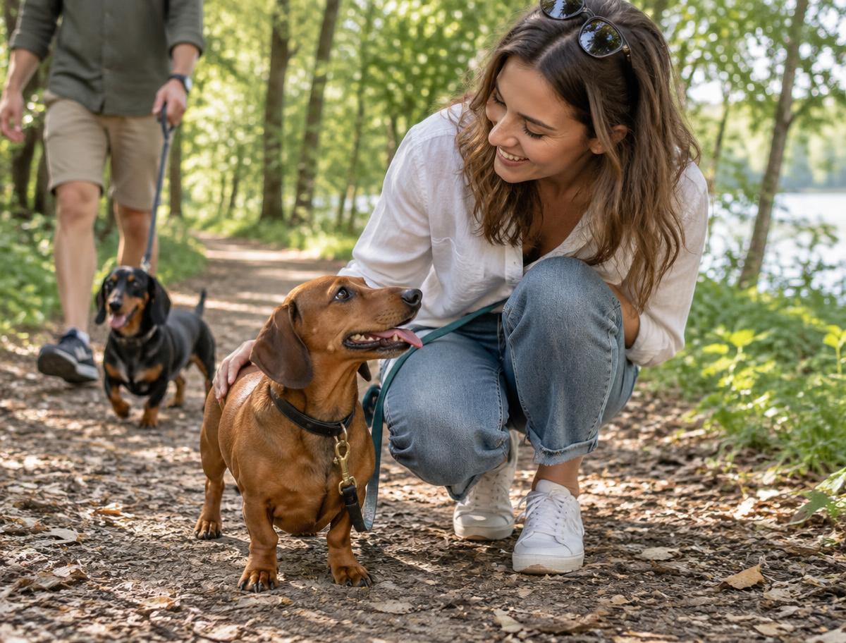 A Dachshund owner sharing a happy moment on a woodland walk